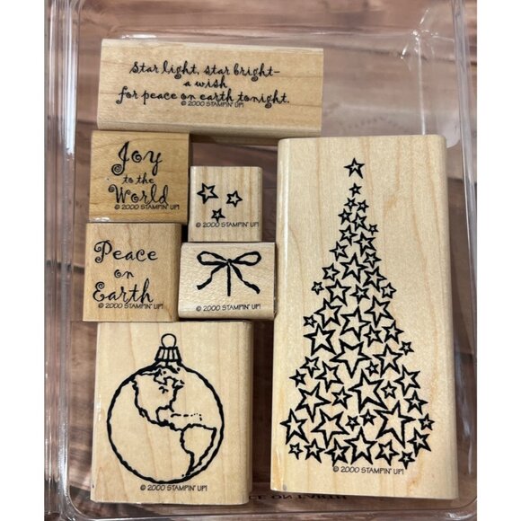 Stampin Up! PEACE ON EARTH WOOD Rubber Stamp Set OF 7 WORLD CHRISTMAS TREE STAR - Picture 1 of 4